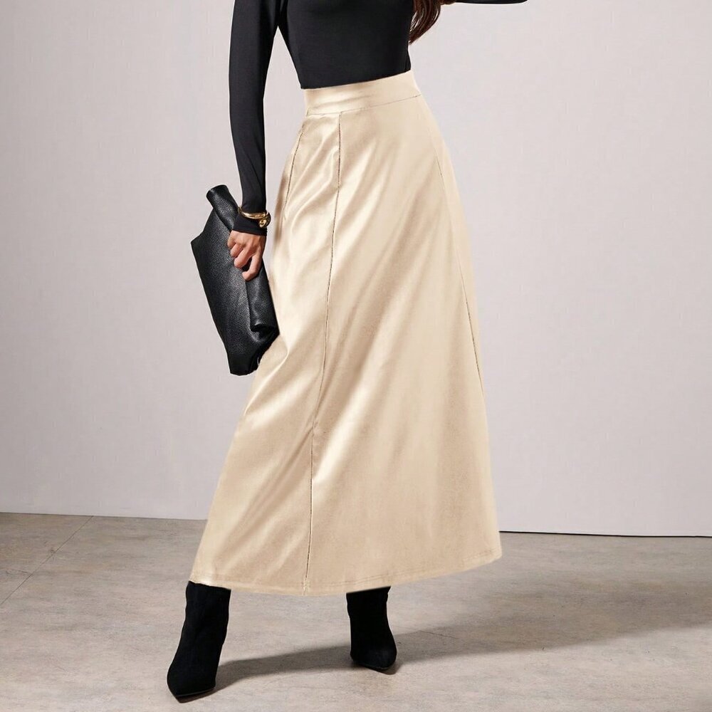 Khaki Elegant Women's Breathable Long Woven Fabric Skirt